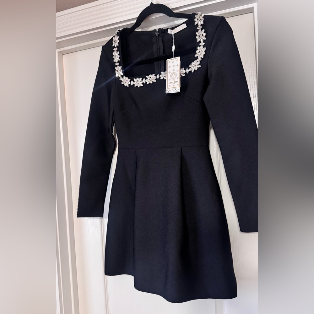 Black Mini Dress with Crystal Embellishments